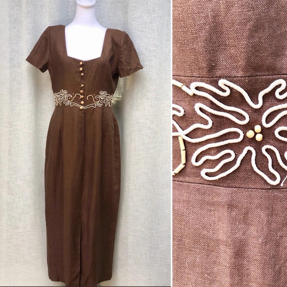 Dresses & Skirts - Donna Morgan chocolate brown short sleeve linen dress beaded waist embroidery